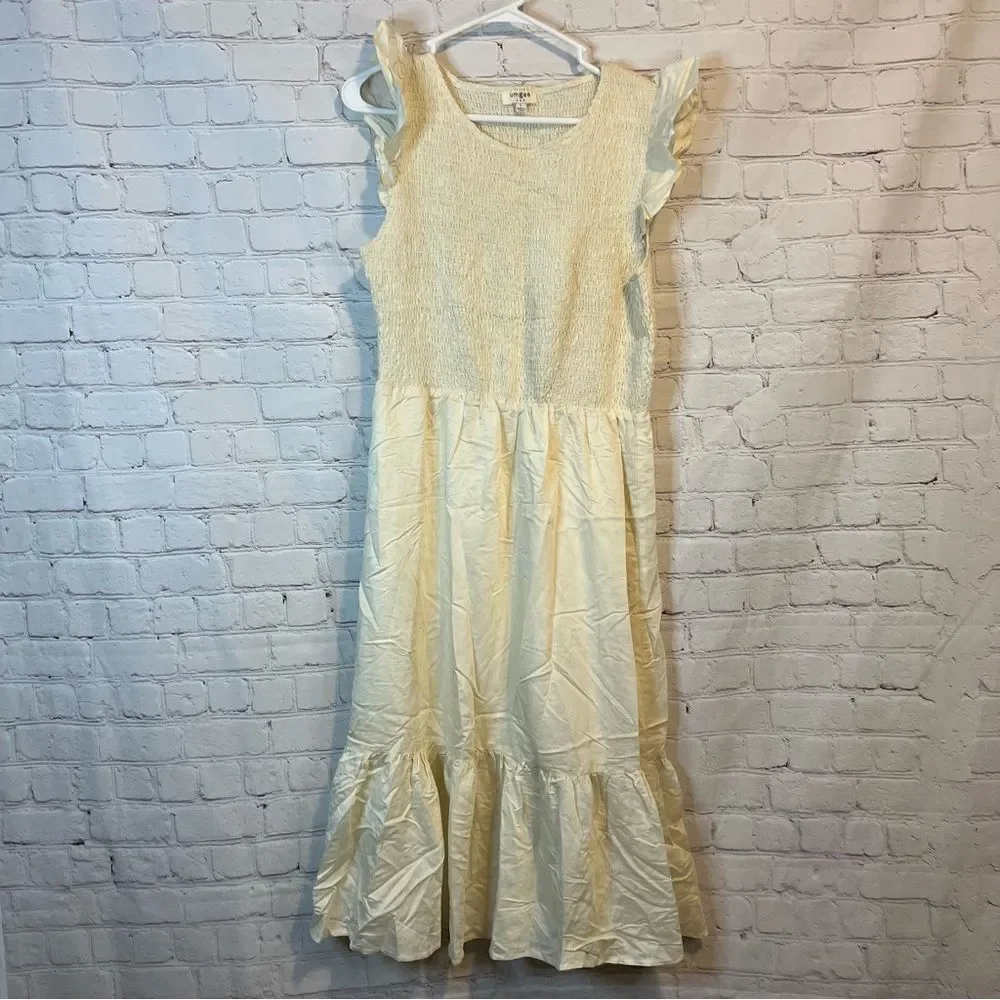 Umgee Cream Smocked Flutter Sleeve Tiered Midi Dress size large
